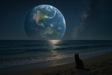 Fantasy Night Beach with Cat Watching Earth - Generative AI