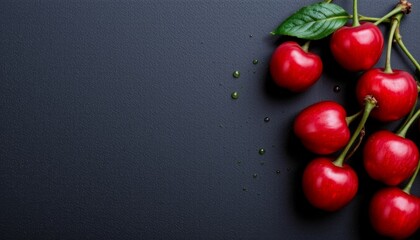 overhead view of fresh red cherries with water droplets on a black background, subject positioned on the right with clear copy space on the left for contrast.