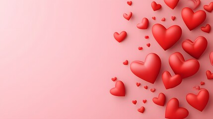 Romantic Pink Background with 3D Red Hearts