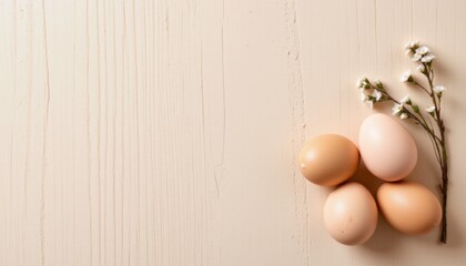 easter mock up with eggs on the right, warm ivory tones, pristine daylight, copy space on the left for text.