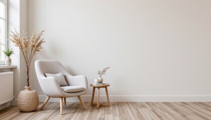 stone chair in scandinavian interior design, subject on left, pastel style, with copy space on right.