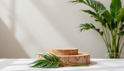 minimal wooden podium with green palm leaf, positioned at the bottom with sunlight background, ideal for branding and packaging presentation, ample copy space at the top for text overlay.