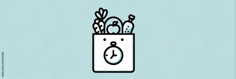Poster grocery bag with timer and freshness icons promotes healthy eating practices in modern cooking