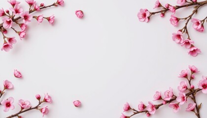 delicate pink cherry blossoms on light gray background, creating a floral border, subject positioned on the left with ample copy space on the right.