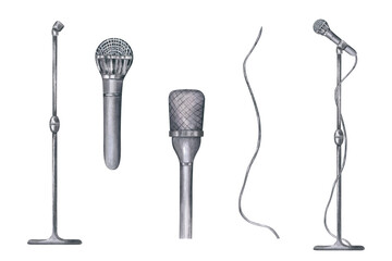 Obraz premium Watercolor two silver microphone types, stand, cable and complete setup illustration isolated background. Concert sound accessory in monochrome style for music studio branding, concert posters