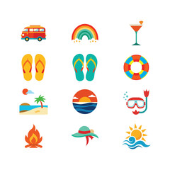 Summer Vacation Icons Beach, Sun, Travel, and Fun