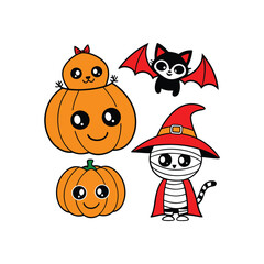 Adorable Halloween Kawaii Characters Pumpkins, Cats, and Bats