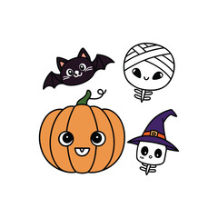Adorable Halloween Kawaii Characters Pumpkin, Bat, Mummy, and Witch