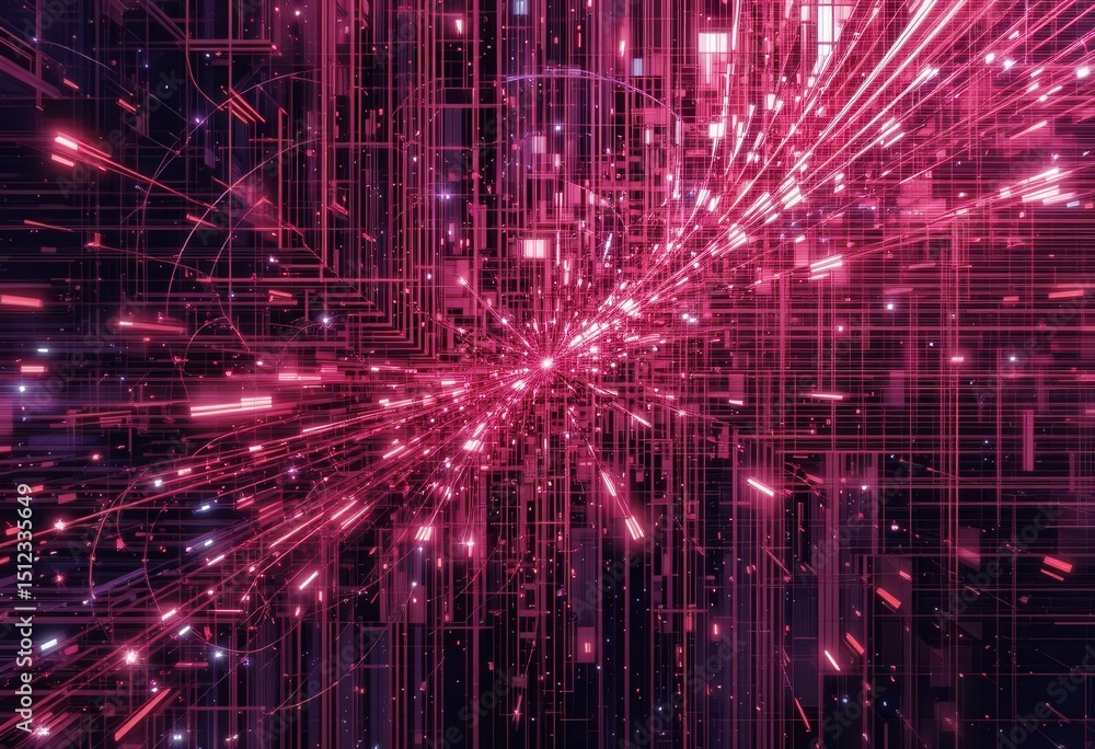 Poster digital abstraction with vibrant lines and patterns emitting from a central point