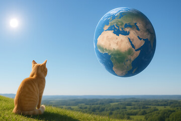 A Cat Gazing at the Earth from a Hill under the Morning Sun - Generative AI