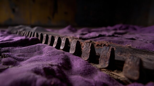 A wooden saw blade with a serrated edge rests on a purple cloth.