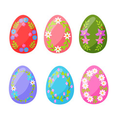 colorful Easter eggs set, with green leaves, and hand-drawn flowers. vector