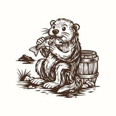 Cute Otter Eating Fish Illustration, Vintage Animal Drawing, Hand Drawn Otter Vector Art