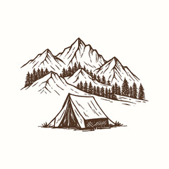 Camping Tent Illustration, Vintage Mountain Tent Drawing, Woodcut Forest Scene