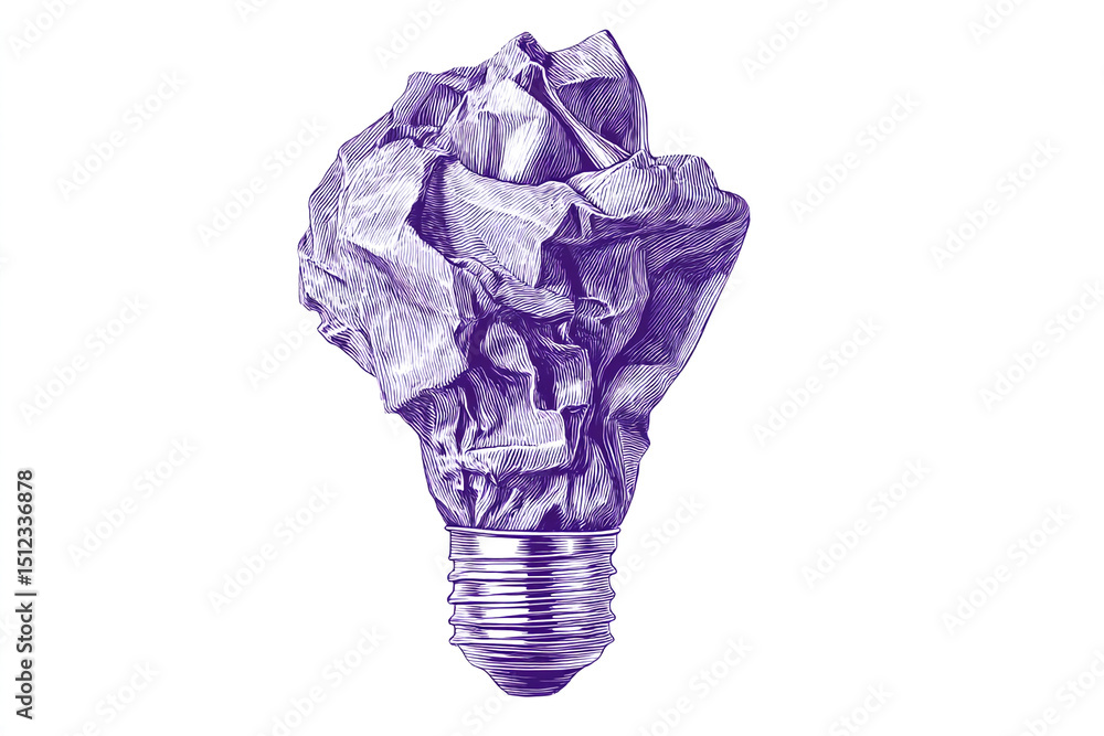 Aufkleber purple crumpled paper lightbulb illustration, showcasing creativity and problem-solving concepts, id