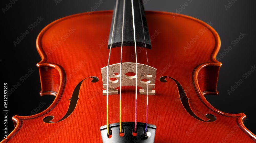 Poster a red violin with a black bow and strings.
