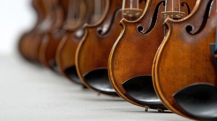 Obraz premium A row of violins with brown wood and black seats.