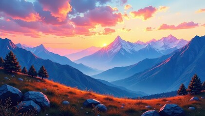 Wide watercolor mountain range, colorful evening sky, textured valley floor , mountain, colors