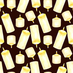 Watercolor illustration burning yellow candle seamless pattern. For spirituality, mystici rituals, memorials and esoteric practic. For Halloween designs, All Saints' Day, or remembrance projects