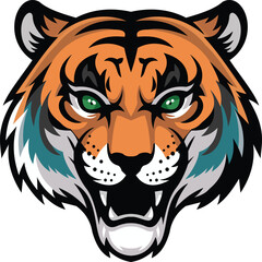 Obraz premium A striking illustration of a tiger's head, featuring vibrant colors and sharp details. The design captures the tiger's intense gaze and formidable expression, emphasizing its majestic.