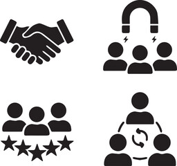 Business Collaboration: Business Icons of agreements, connections, audience attraction, and cooperation in monochromatic format.