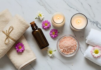 Spa flat lay with towels, essential oil, candles, and Himalayan salt on marble background