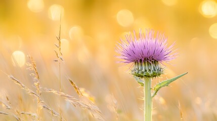 Stunning Purple Thistle Flower in Golden Meadow Sunset