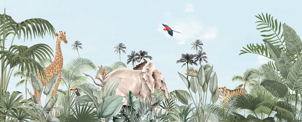Kids Adventure Wall Mural: Playful Wildlife in Lush Tropical Forest Landscape © csinie1