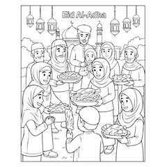 Eid al-Adha Celebration Coloring Page with Muslim Family Sharing Food and Lanterns