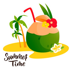 Coconut cocktail and palms on sand beach. Vector illustration. Summer party banner, drinks menu design elements