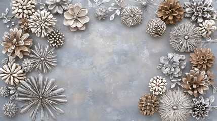 Elegant Silver and Gold Floral Pine Cone Arrangement on Grey Background