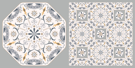 Seamless azulejo tiles. Portugal and Spain decor. Victorian ceramic tiles. Seamless floral pattern. Vector hand drawn illustration, typical Portuguese and Spanish tiles