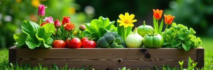 Rustic wooden raised garden bed brimming with mixed flowers and vegetables , natural, outdoor