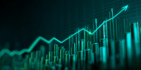 Abstract 3D graphic showing teal bars and a rising line graph, symbolizing growth, success, and upward financial trends
