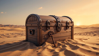 Antique Wooden Travel Chest in Open Desert Scene Digital Illustration