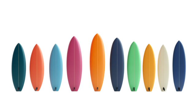 Variety of colorful surfboards  isolated on transparent background	