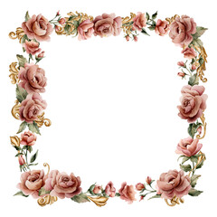 Roses with golden decorative vintage ornaments Frame. Watercolor hand painted floral isolated illustration wedding