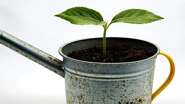 Life emerges: a delicate seedling sprouting from a weathered watering can pot