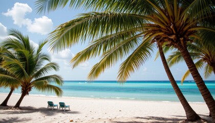 tropical beach scene with palm trees framing turquoise ocean and white sand, vintage filter applied, subject positioned on the right, with clear copy space on the left.