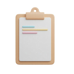 3D Beige clipboard with white paper on transparent background