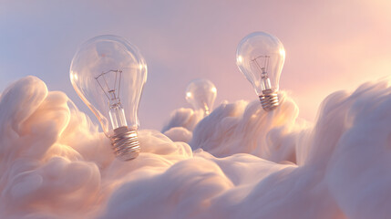 Glass lightbulbs rest on soft, white, cloud-like forms against a pastel sky, symbolizing ideas, inspiration, and innovation