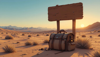 Travel Bag Beside Empty Wooden Sign in Desert Sunset Digital Illustration
