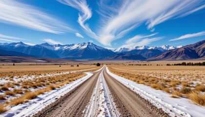 snow dusted dirt road winding through golden prairie towards majestic snow capped mountains under vibrant blue sky with wispy clouds, position subject at bottom with clear copy space at top.
