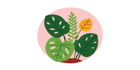 A delightful cartoon of a tropical plant arrangement, with vibrant hues and whimsical charm, is presented within a delicate pink circle.