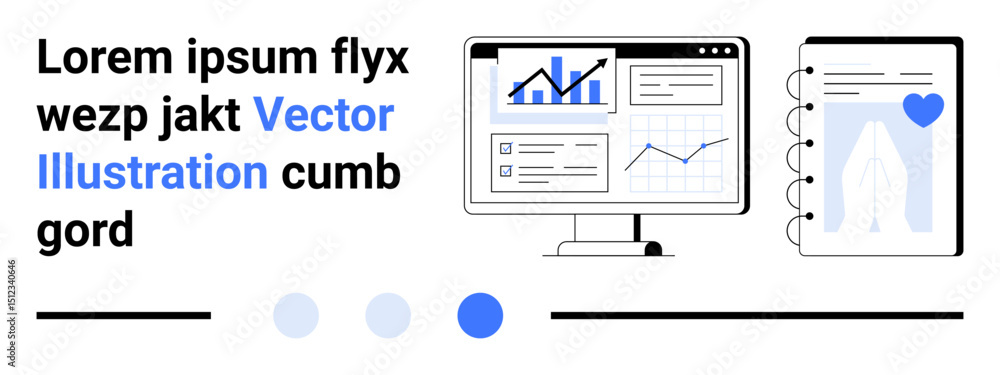 Poster dashboard with graphs on desktop monitor beside a digital notebook featuring a heart icon. ideal for