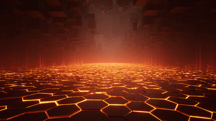 Obraz premium Hexagonal floor glowing orange, dark background, abstract design, showcasing futuristic or technological concept, ideal for presentations or digital art