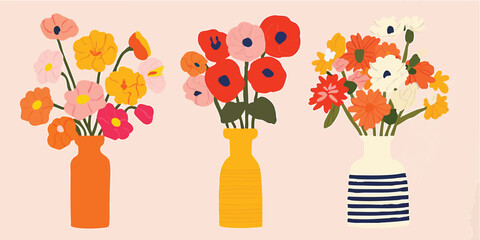 Three vibrant bouquets of assorted flowers sit proudly in colorful vases against a soft, pastel background. Each arrangement showcases a unique blend of blossoms.