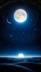 Crescent Moon Above a Lunar Horizon deep space, Majestic Crescent Moon Illuminating in the night sky filled with numerous stars and cosmic Eclipse light, Mobile Wallpaper.
