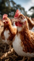 In a sunny yard filled with straw, several chickens are actively pecking at scattered grains while enjoying the warm weather and natural light