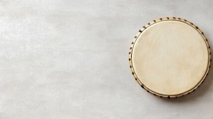 A drum with a yellow rim and black stitches.